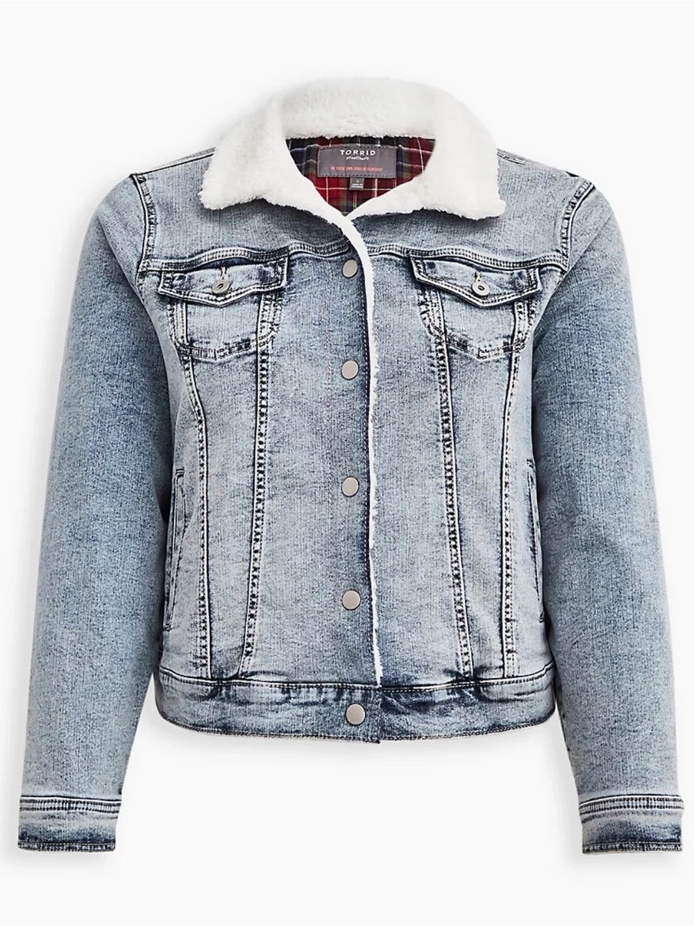 Torrid Light Blue Denim Jacket with White Sherpa Collar